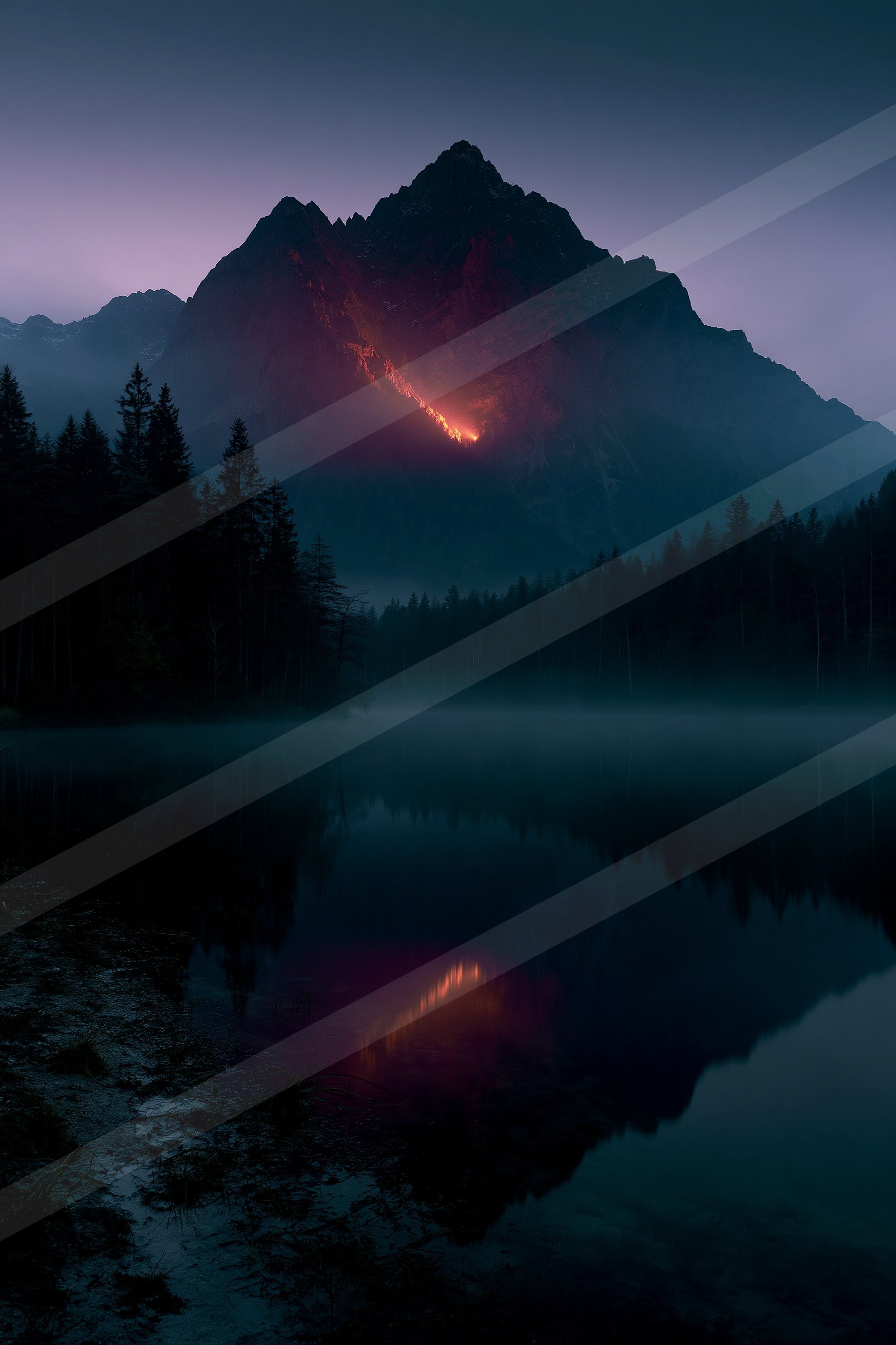 A night landscape of a volcano, reflection.