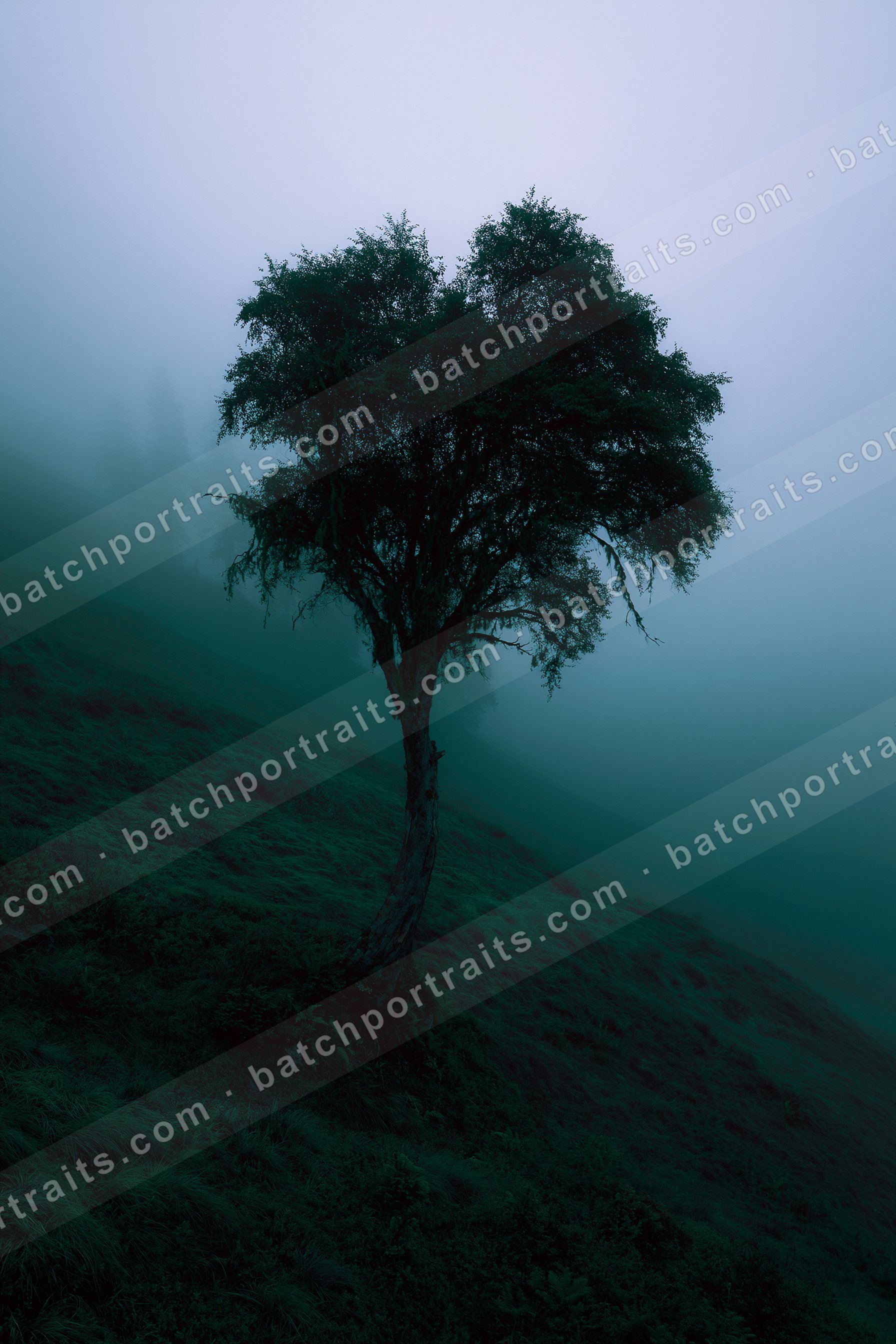 A lone tree stands tall against a foggy backdrop with rolling hills in the foreground.