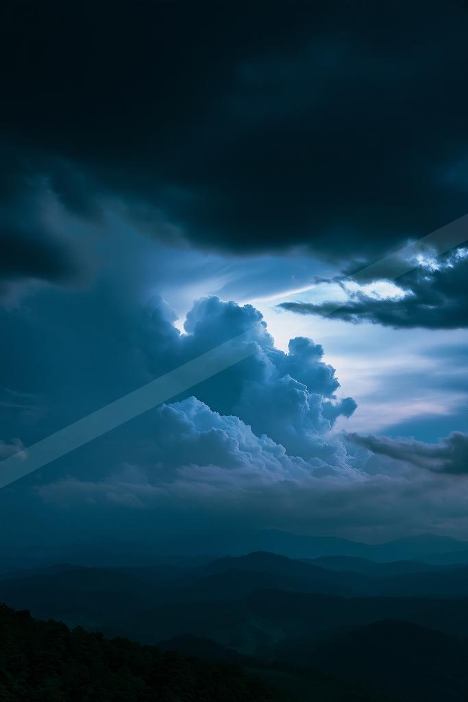 A blue hour sky scene of storm, clouds.