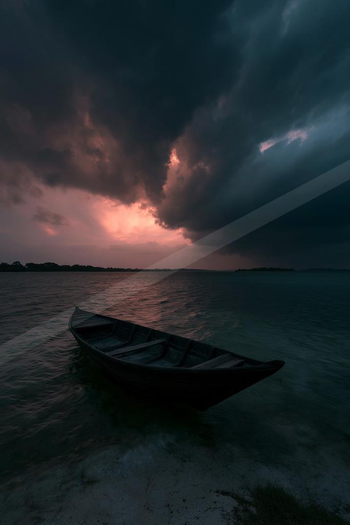 A wooden rowboat rests in shallow water near a sandy shore under a dramatic, dark stormy sky with pink and orange light breaking through the clouds at dusk.