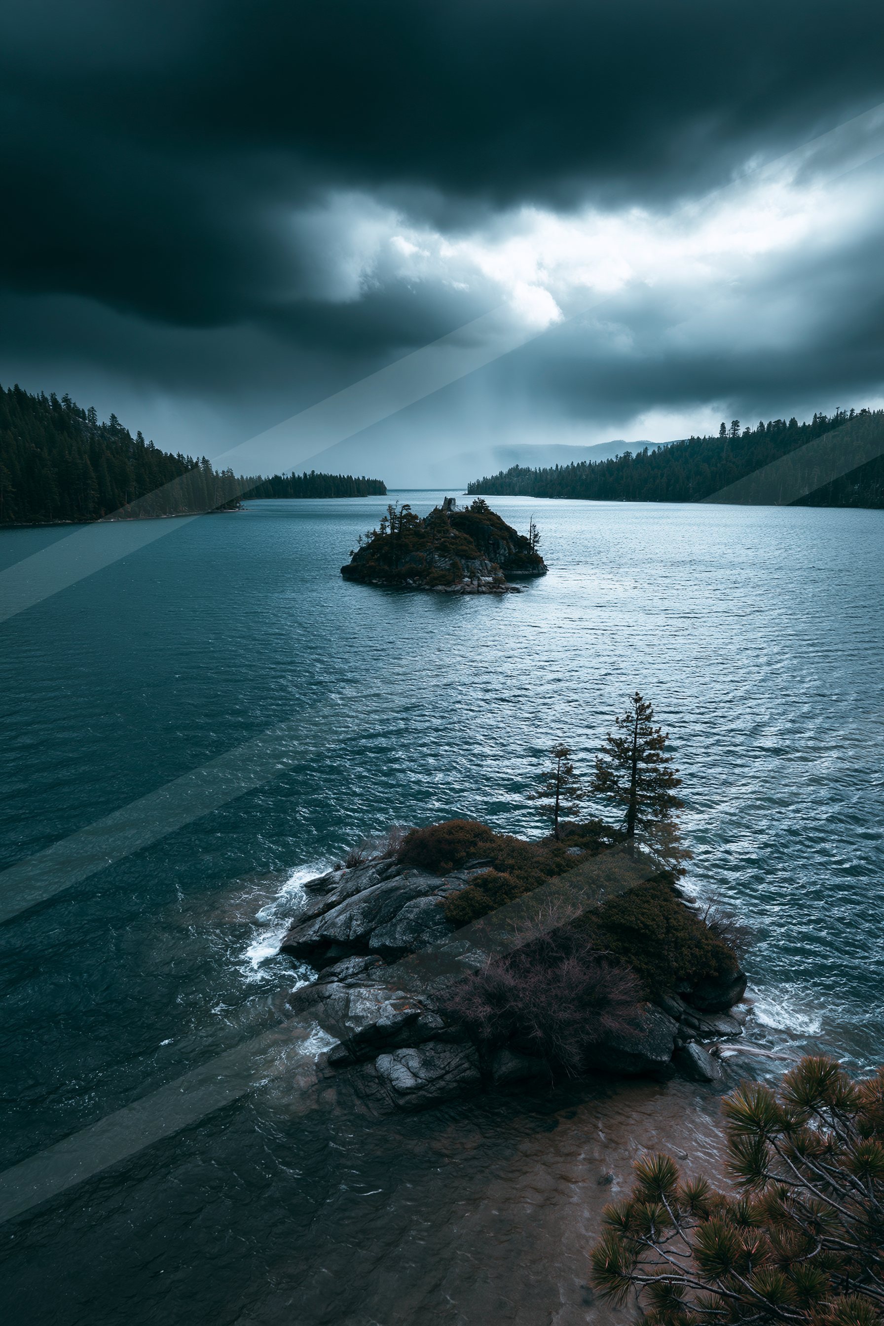 A moody long exposure water scene of a lake.