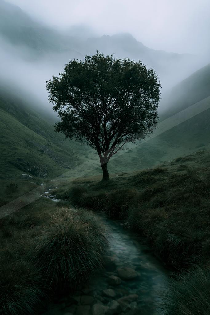 A solitary tree stands on a grassy hillside above a rocky stream in a foggy mountain valley, with mist enveloping the distant peaks.