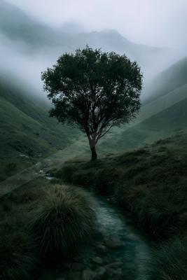 A solitary tree stands on a grassy hillside above a rocky stream in a foggy mountain valley, with mist enveloping the distant peaks.