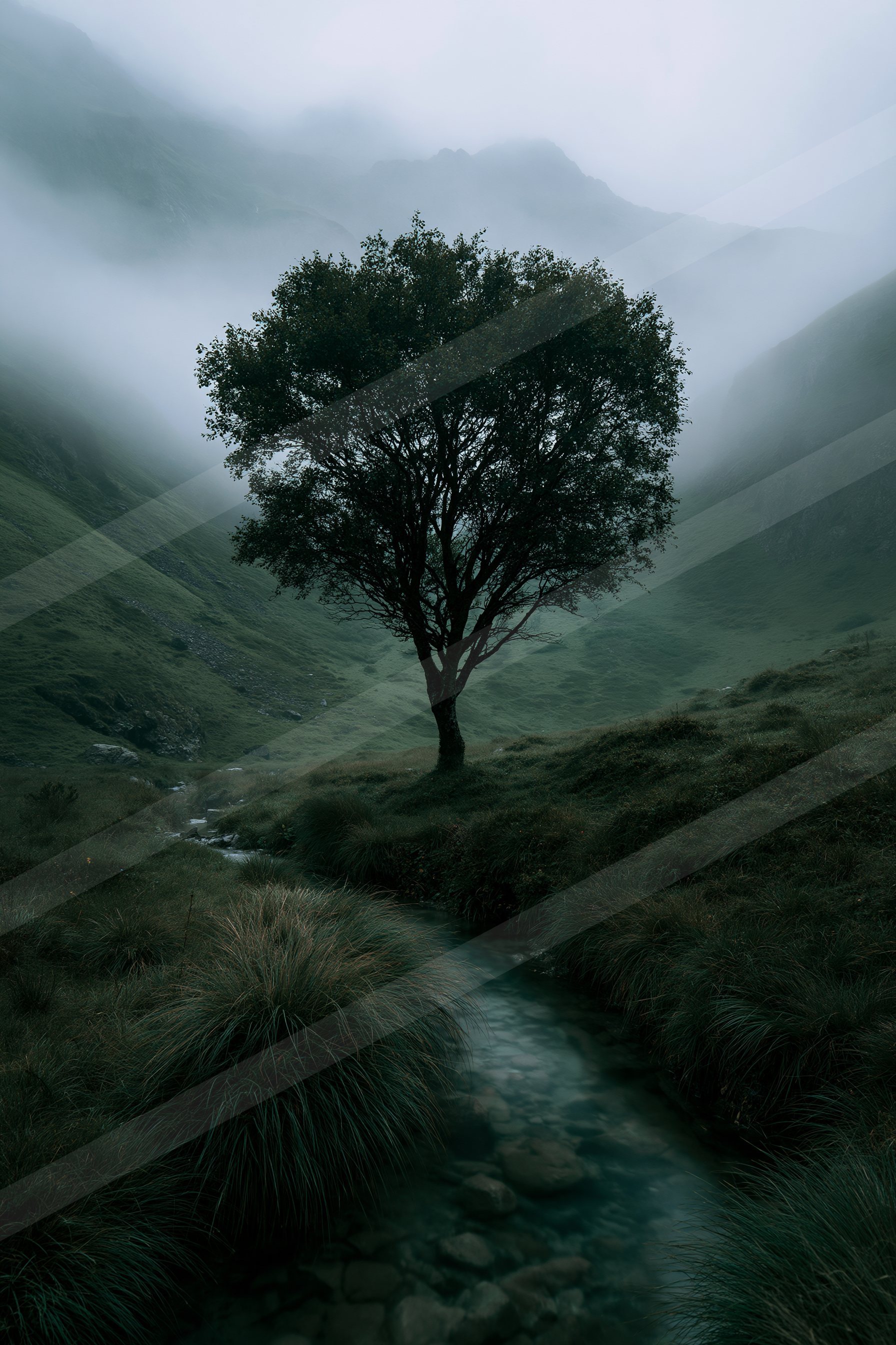 An ethereal nature scene of an oak tree, fog.