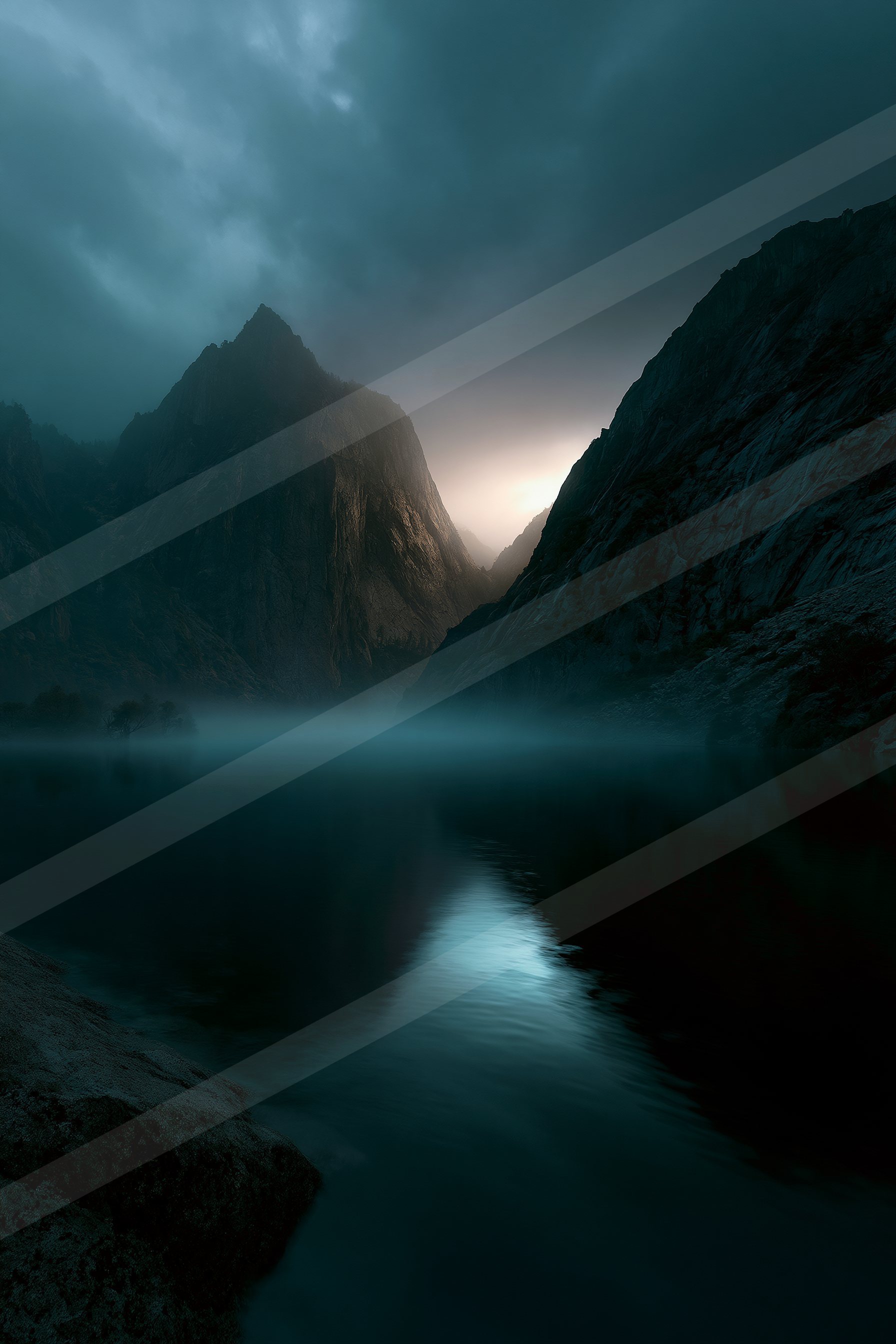 An ethereal landscape of a mountains, fog.