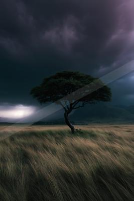 A solitary tree stands in a windswept grassy plain under a dark, ominous stormy sky.