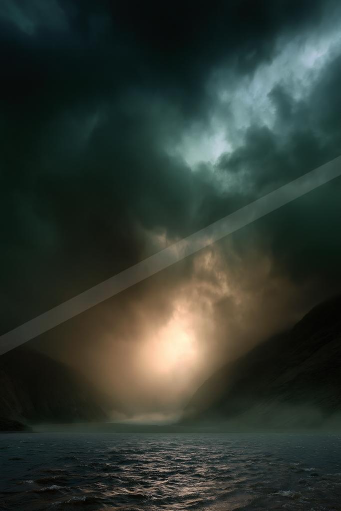 A black-toned moody photograph of valley, mountain tent, lakeside.