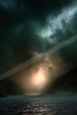 A black-toned moody photograph of valley, mountain tent, lakeside.