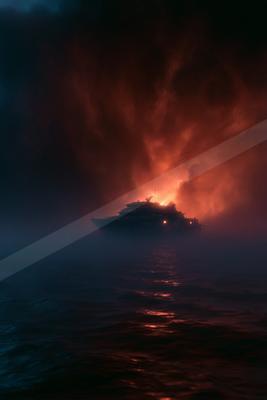 A black-toned moody photograph of volcano, geyser, fire screen.
