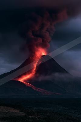 A dramatic volcanic eruption at night with glowing red lava flowing down the mountain, surrounded by dark clouds and a moody atmosphere.