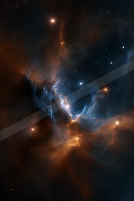 A colorful nebula with swirling clouds of orange, blue, and brown gas and dust, illuminated by bright stars against the blackness of space.