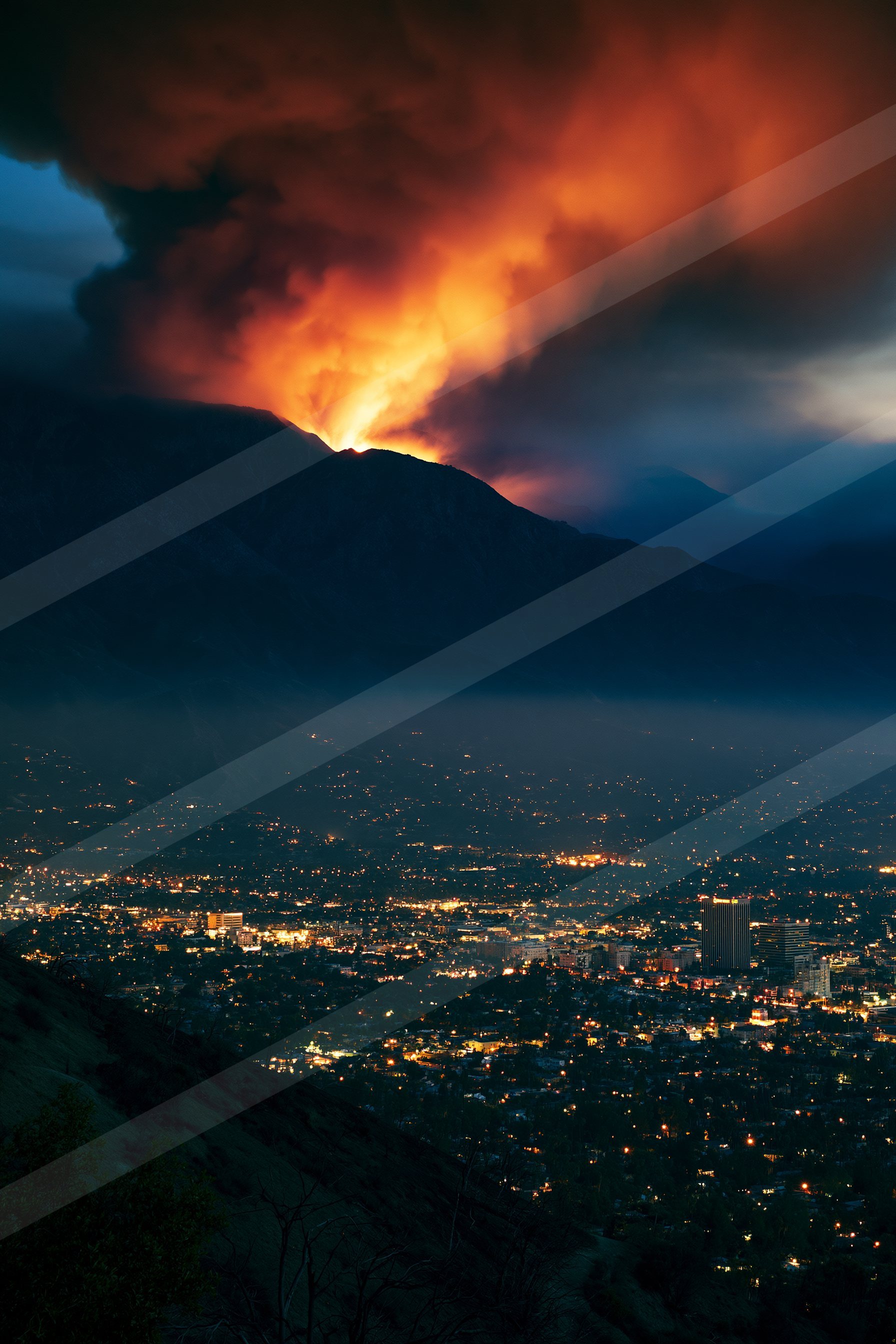A night panorama landscape of a volcano, fire.