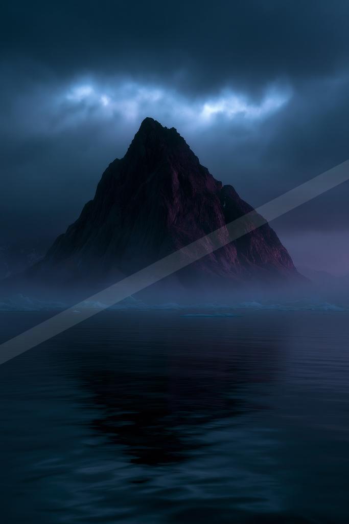 A dramatic landscape of mountains, lake, ocean.