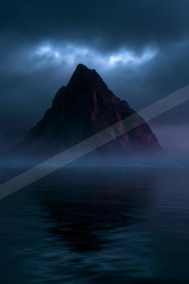 An ethereal landscape of a volcano, reflection.