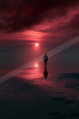 A serene sky scene of sunset, lake.