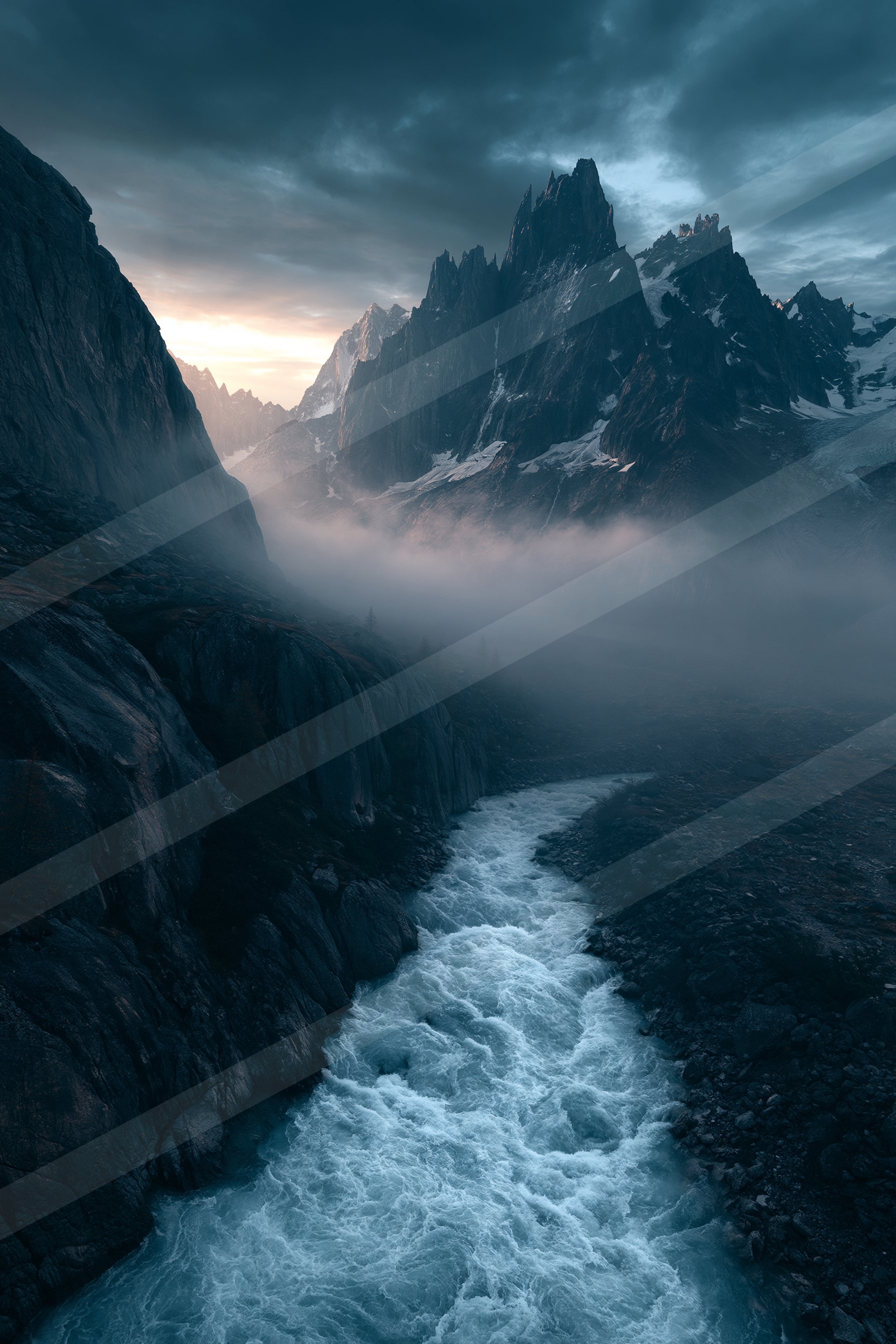 An ethereal panorama landscape of a glacier, fog.