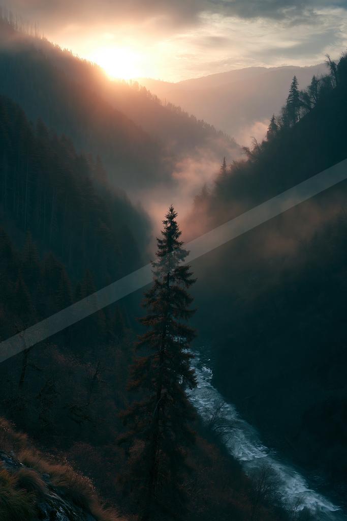 A serene landscape of valley, mountains, trees.