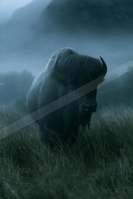 A large American bison with curved horns stands in tall grass within a foggy, atmospheric landscape, looking directly at the viewer.