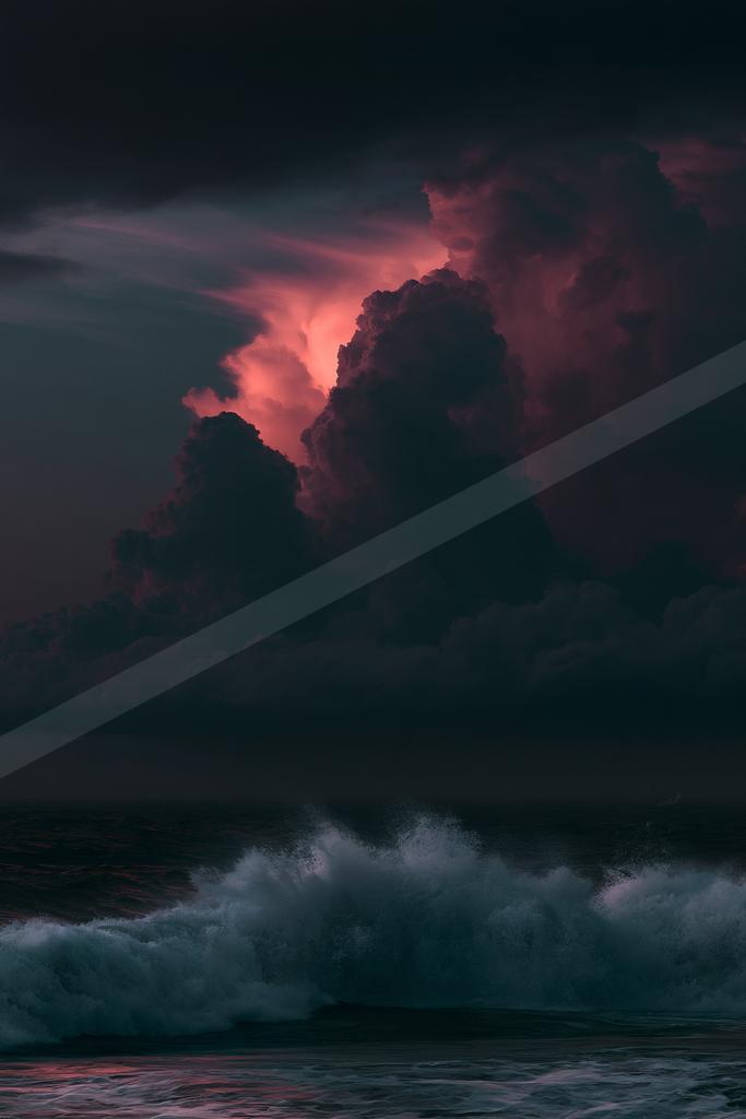 A dramatic water scene of ocean, storm, clouds.
