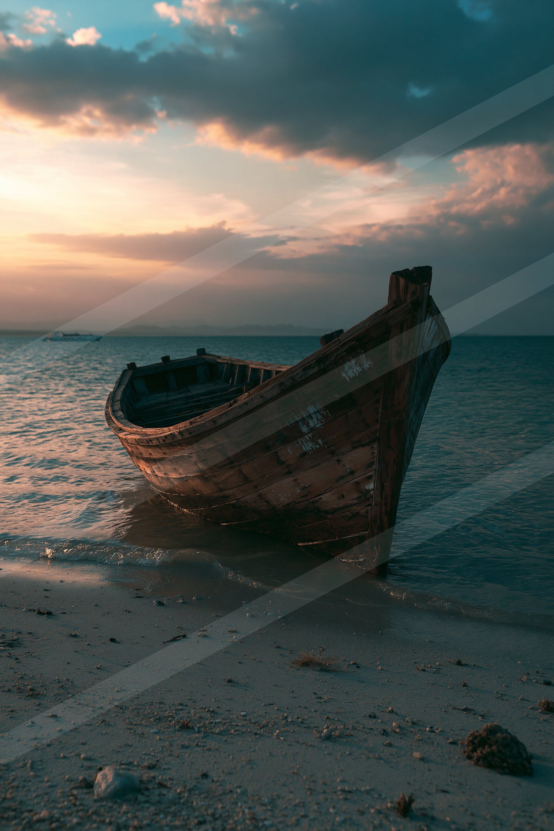 A nostalgic negative space still life of a boat, sand.