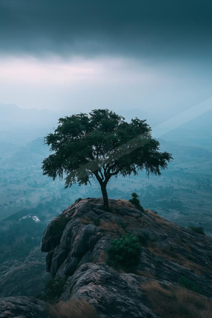 A serene panorama nature scene of an oak tree, fog.