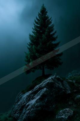 A solitary tall conifer tree stands on a rocky outcrop covered in grass, surrounded by thick blue mist and dark forest in the background.