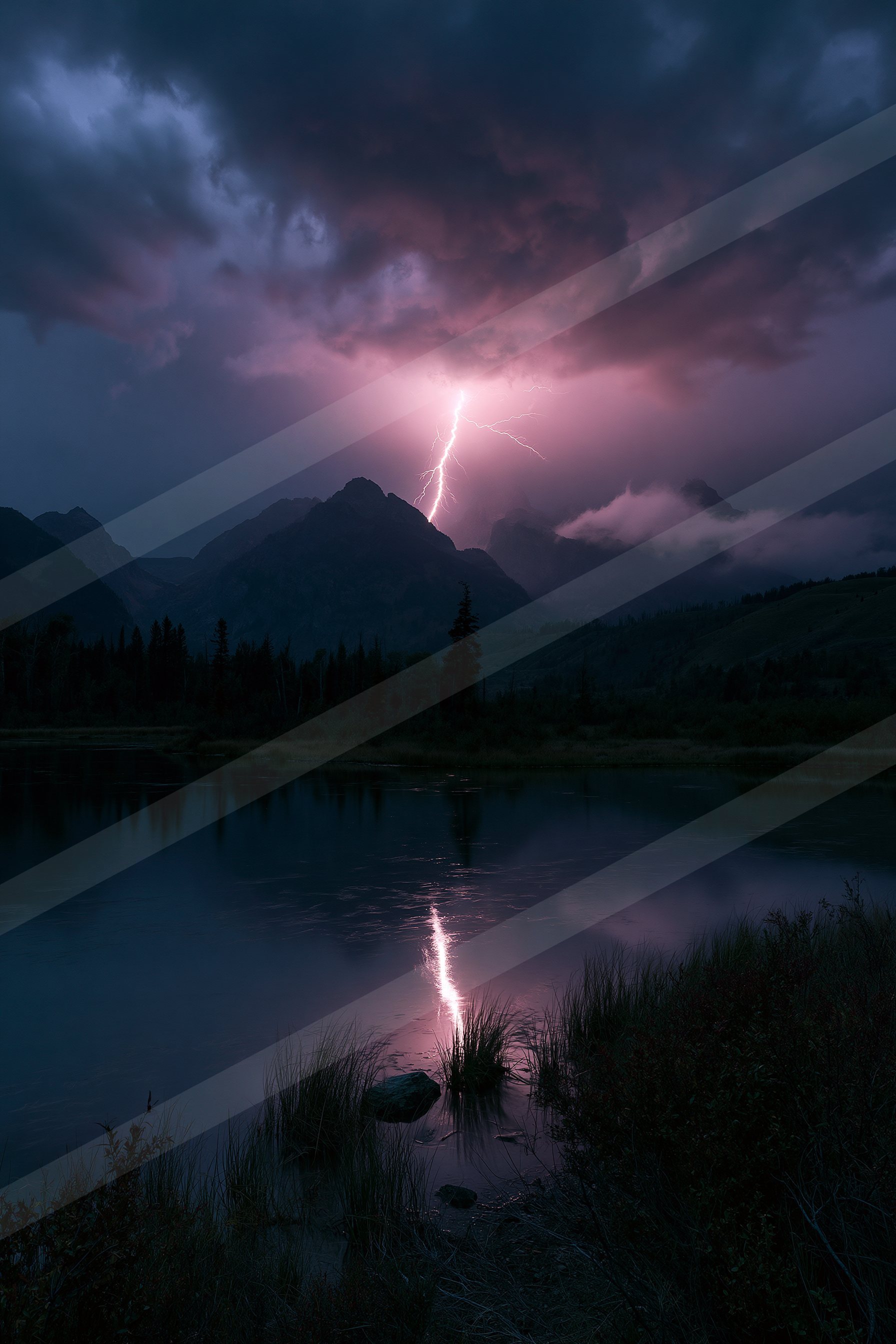A dramatic sky scene of a lightning, reflection.