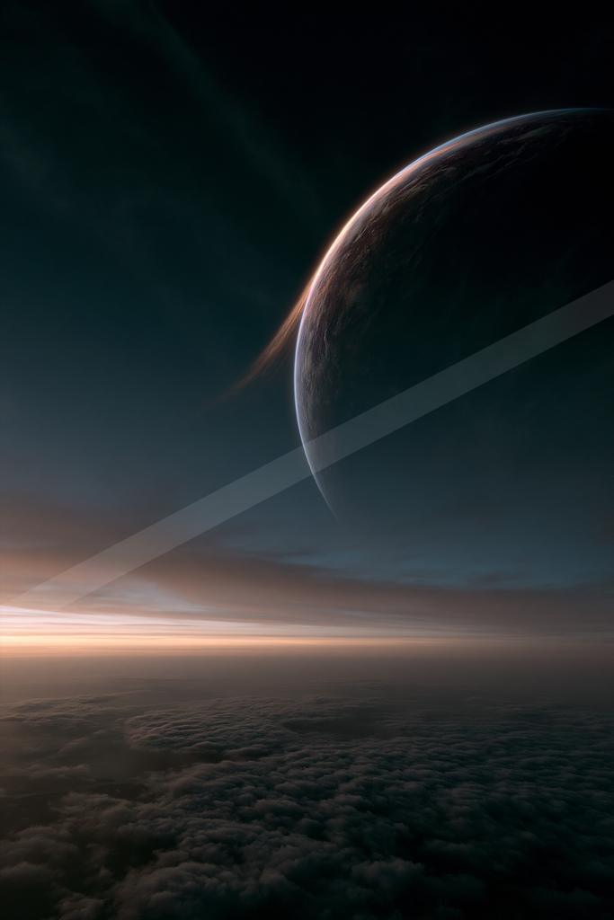 A night sky scene of planet, fog.