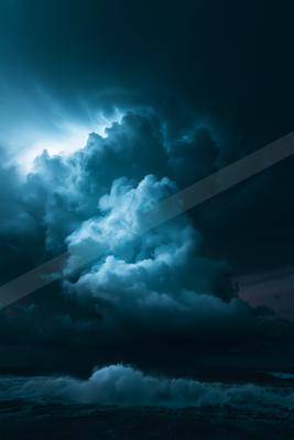 Moody seascape featuring turbulent ocean waves crashing under a massive, dramatically lit storm cloud formation glowing with blue and white light against a dark