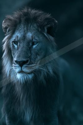 A close-up of a lion's face bathed in blue light, showcasing its powerful features and intense gaze.