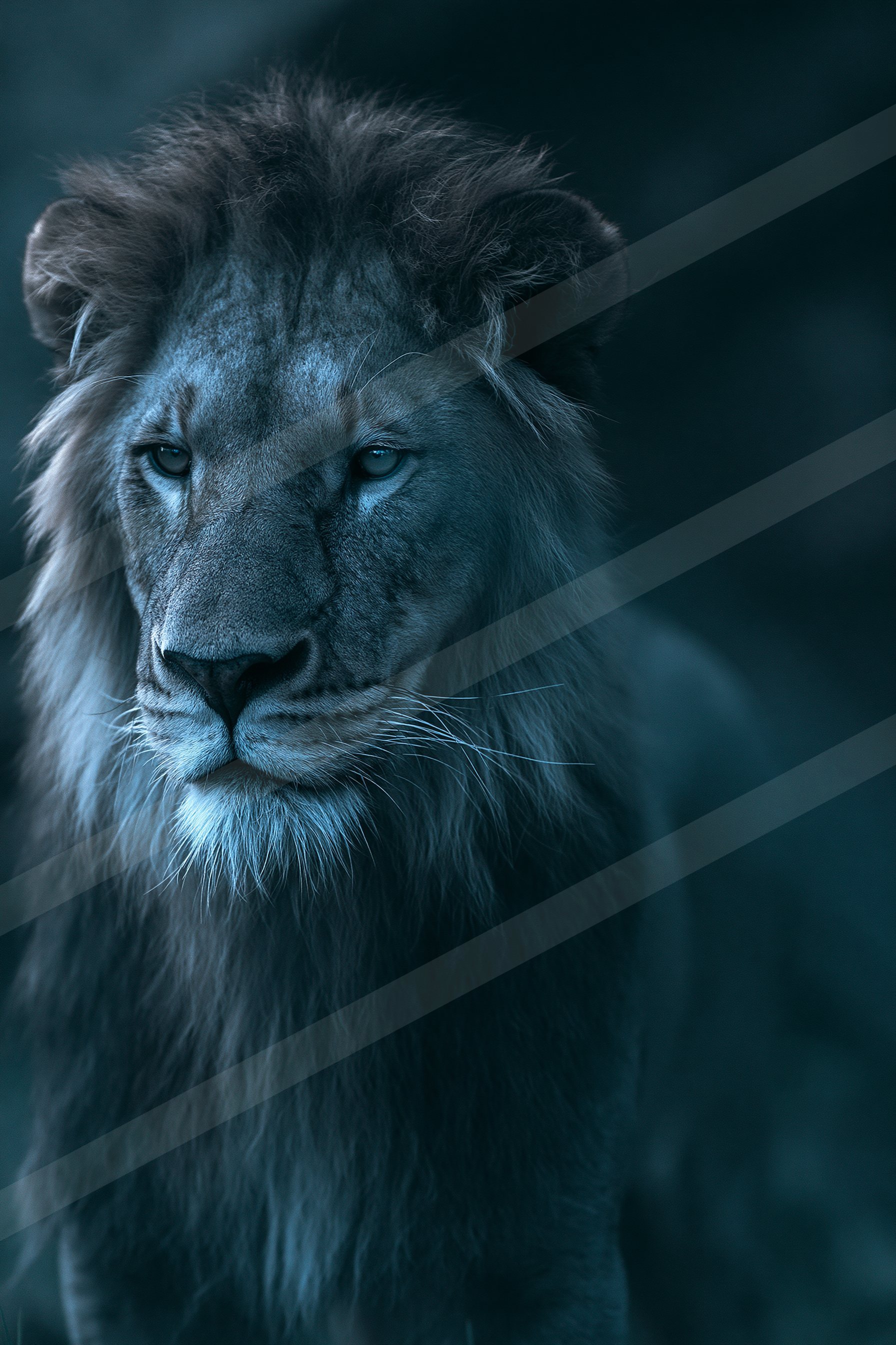 A close-up of a lion's face bathed in blue light, showcasing its powerful features and intense gaze.