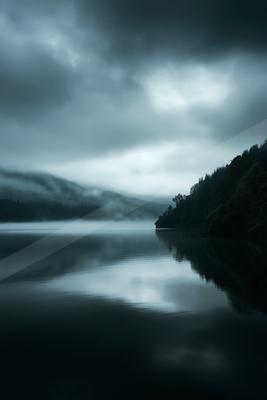 A moody long exposure water scene of a lake, reflection.