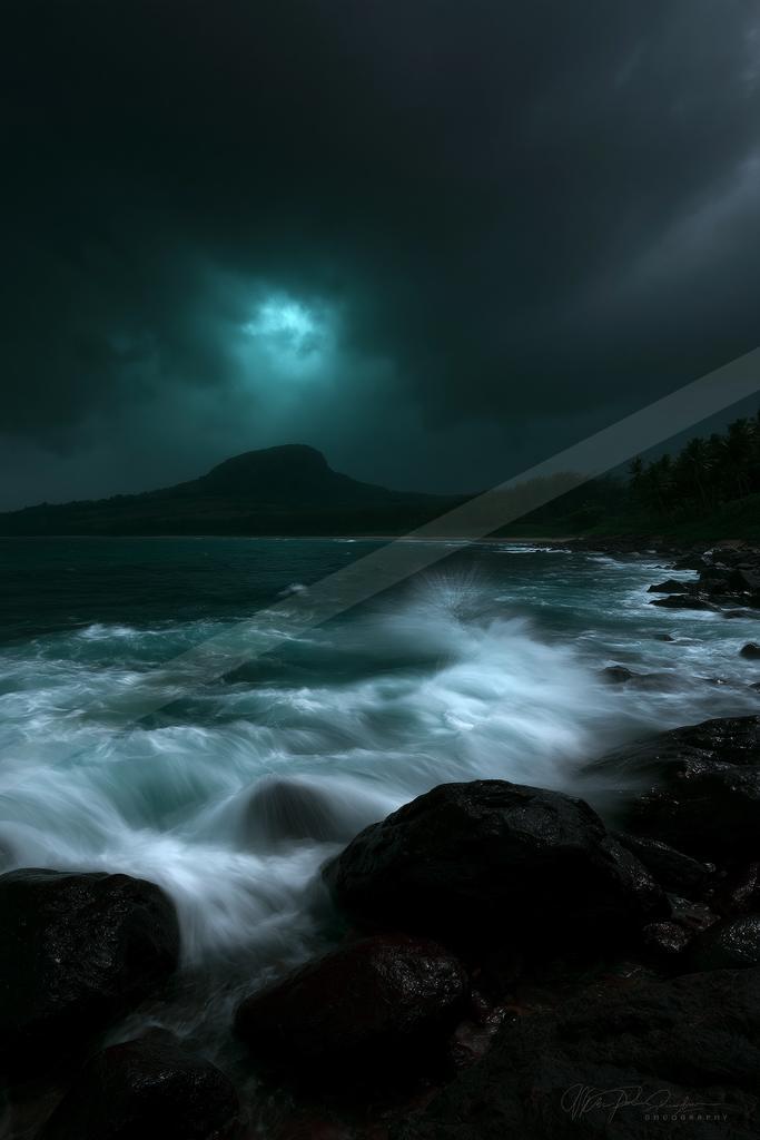 Powerful ocean waves crash against dark volcanic rocks in the foreground, with a turbulent sea and a distant mountain silhouetted under a dramatic stormy sky pi