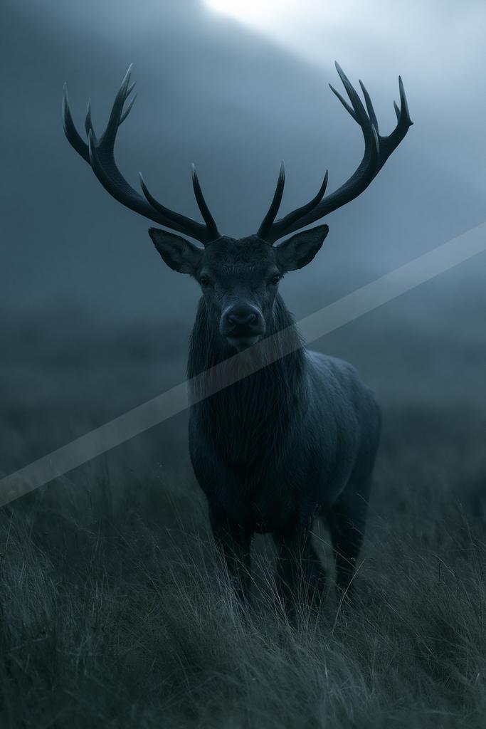 A large dark stag with impressive antlers stands facing the camera in a misty grassy field, illuminated by a dramatic light from above.