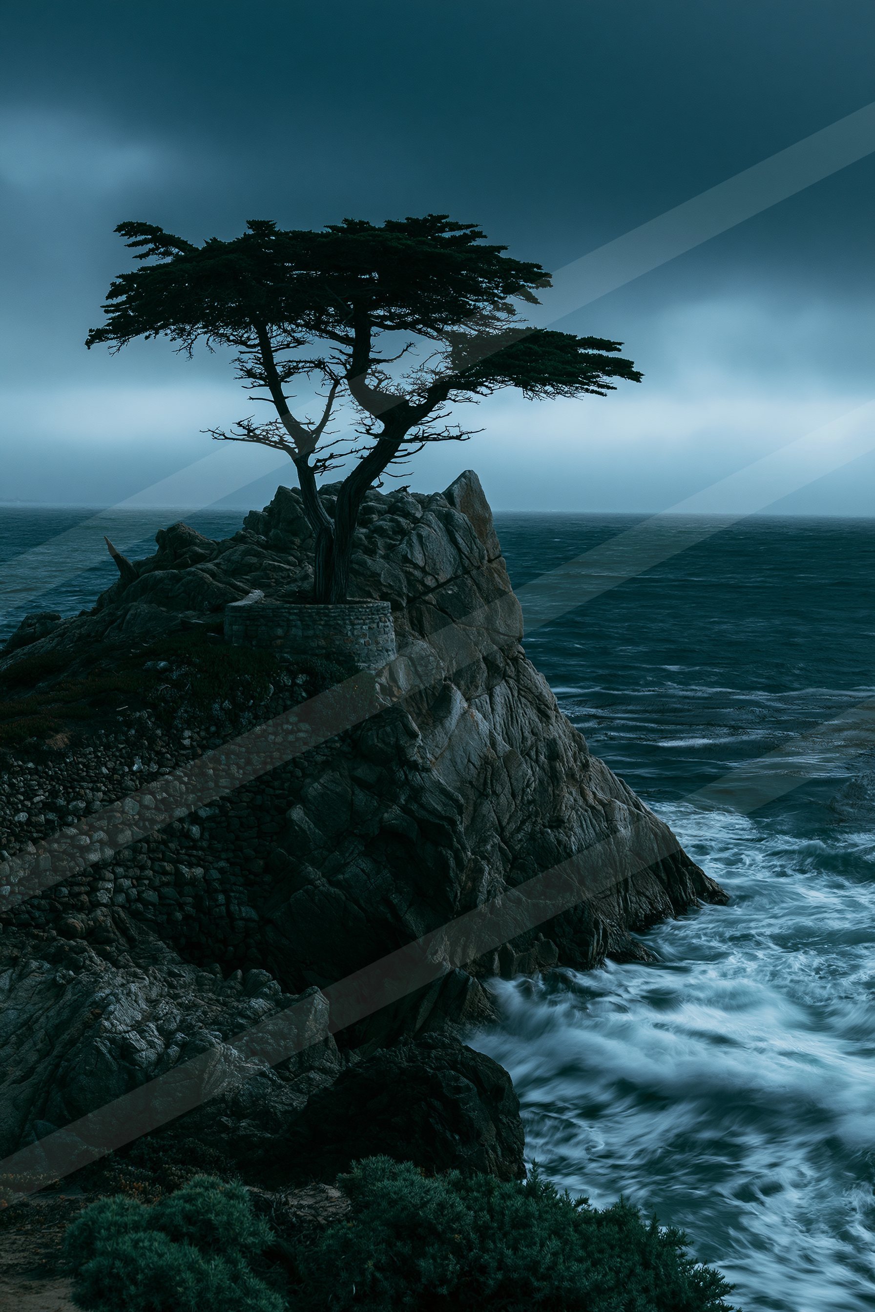 A mysterious water scene of a coastline.