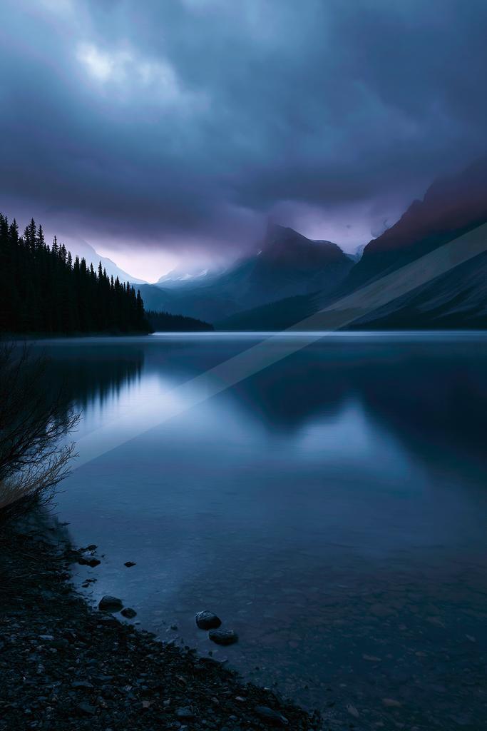 A blue hour long exposure water scene of lake, reflection.