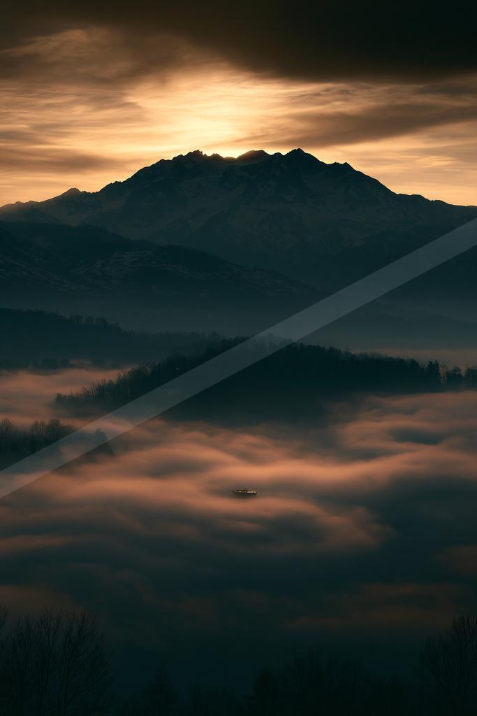 A brown-toned moody photograph of alp, volcano, valley.