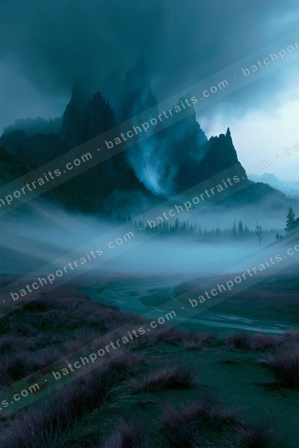 An ethereal panorama landscape of a volcano, fog.
