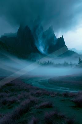 A blue hour landscape of mountains, valley.