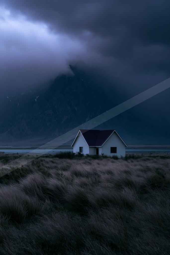 A solitary white house with a dark roof stands in a field of tall grass with a large mountain partially obscured by heavy storm clouds in the background.