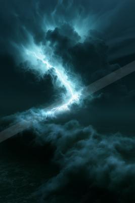 A powerful lightning bolt forks through dense dark clouds during a stormy night, illuminating the sky with electric blue light.