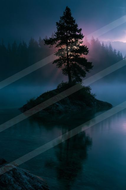 An ethereal nature scene of a pine tree, reflection.