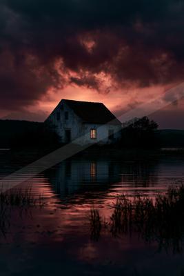 A weathered white house with a glowing window stands beside dark water under a dramatic red and purple cloudy sky at dusk, its reflection visible on the ripplin