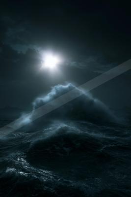 A night water scene of ocean, storm.