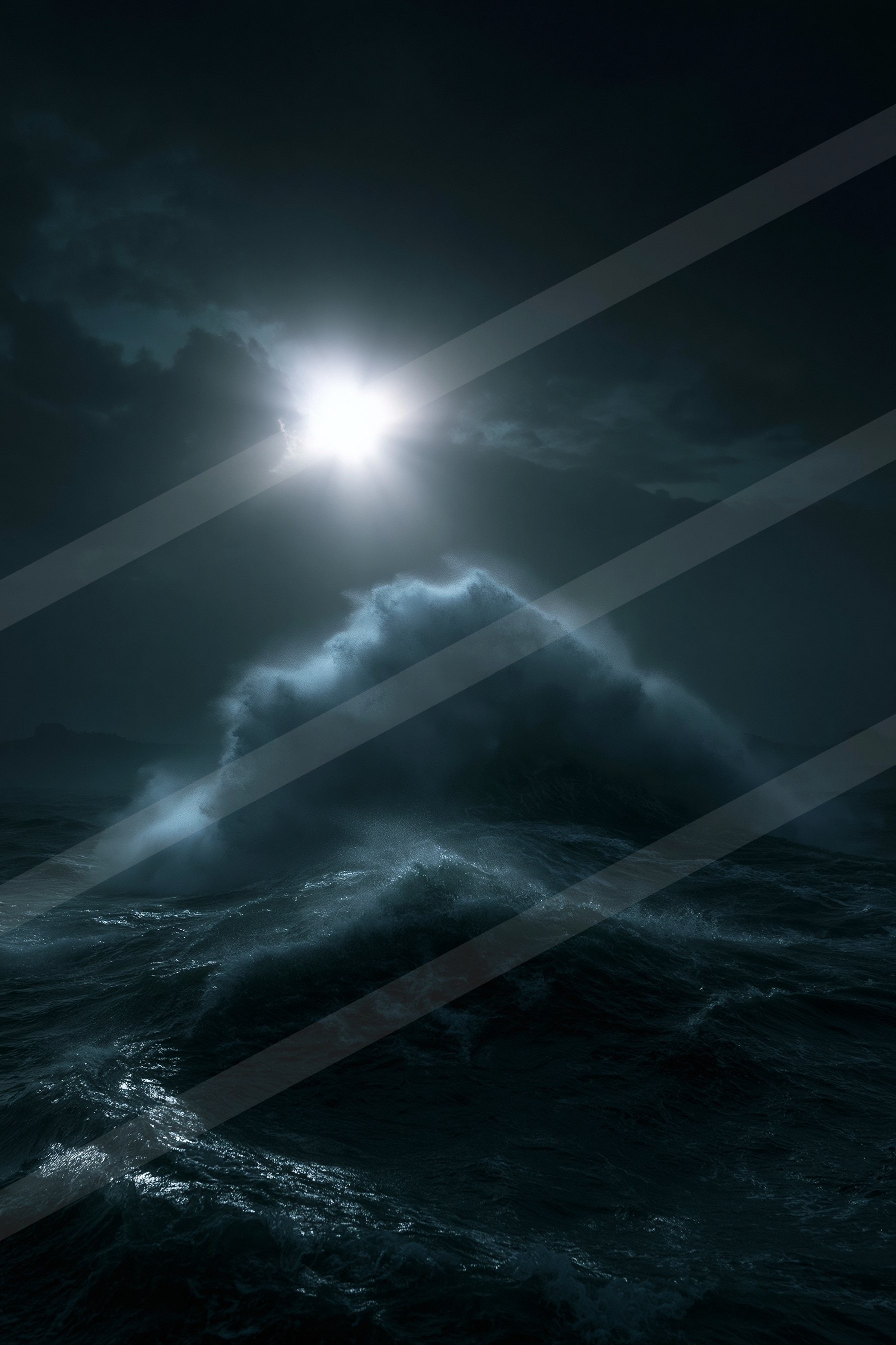 A night water scene of an ocean waves, ripples.