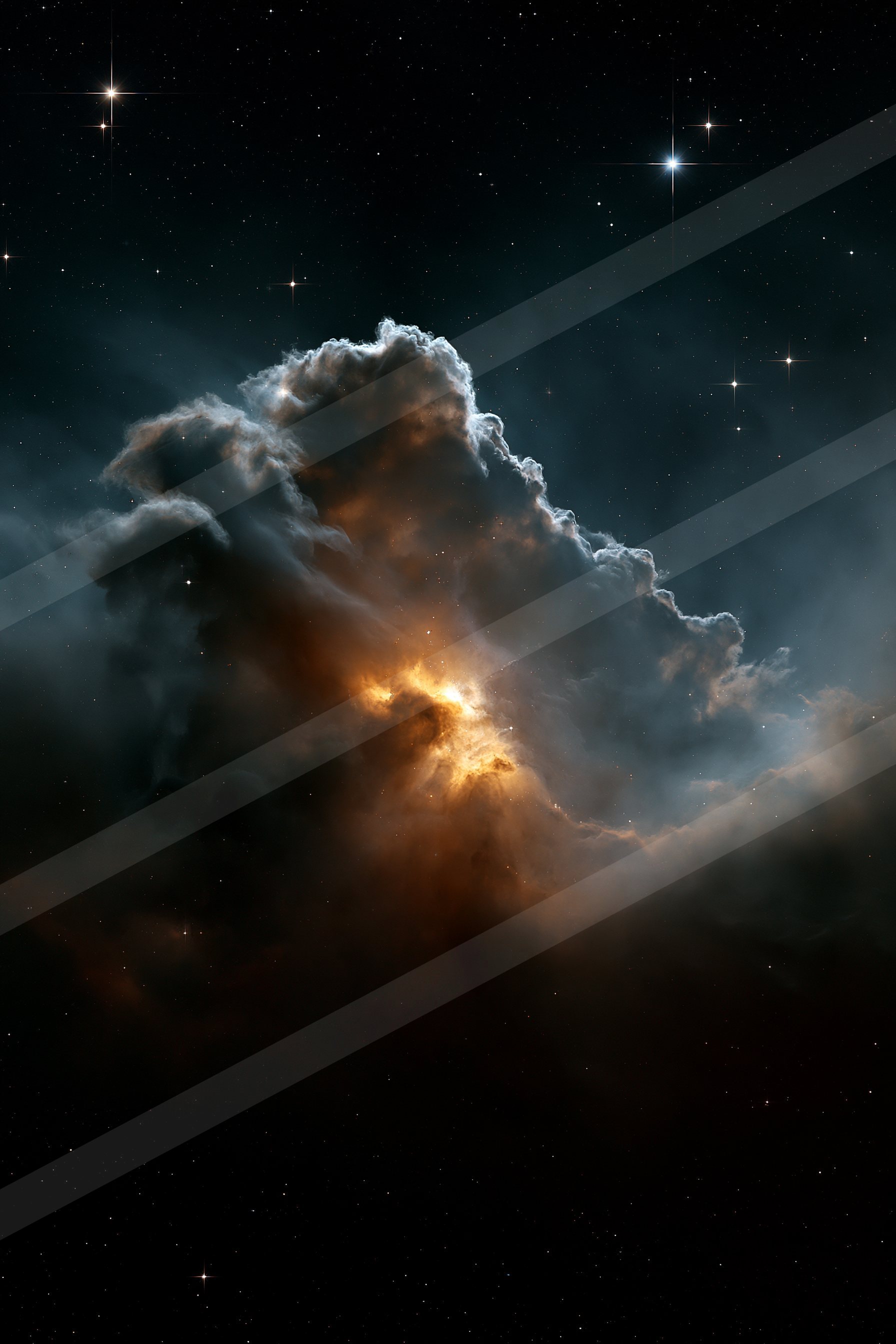 A luminous nebula radiates warm orange light against a dark, star-filled cosmic backdrop.