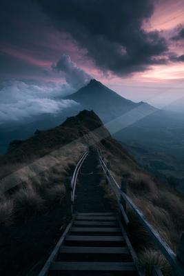A moody landscape of mountains.