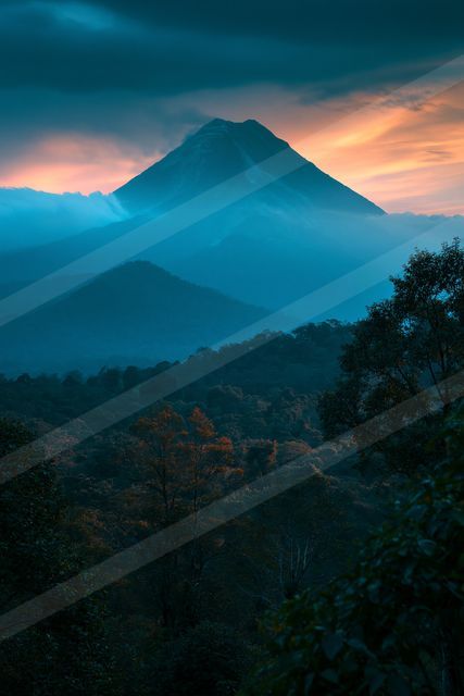 A blue hour panorama landscape of a volcano.