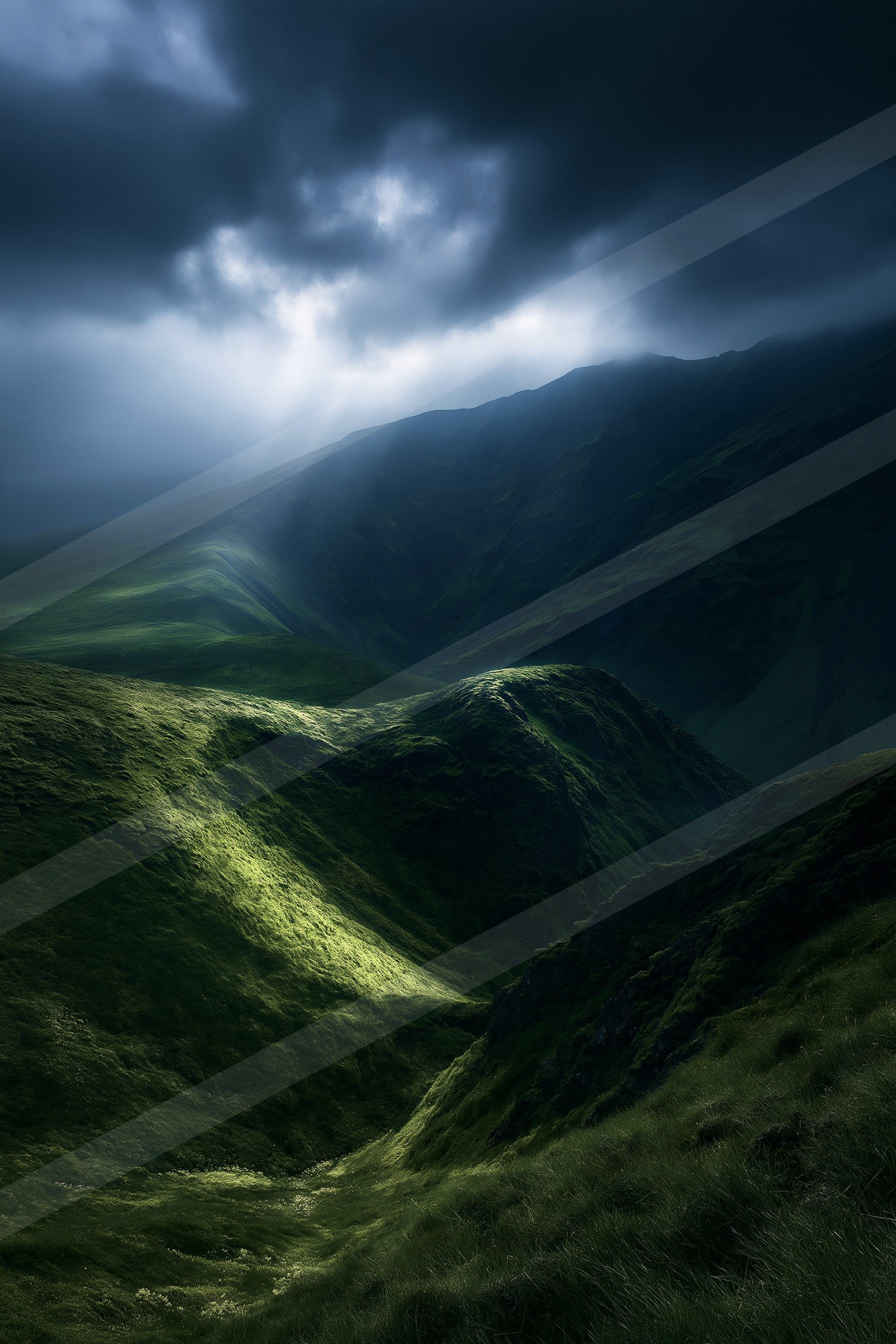 A mysterious high contrast landscape of a rolling hills, fog.