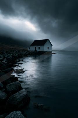 A solitary white house with a dark roof stands on a rocky shoreline next to a calm lake under a dark, overcast sky with heavy clouds and mist.